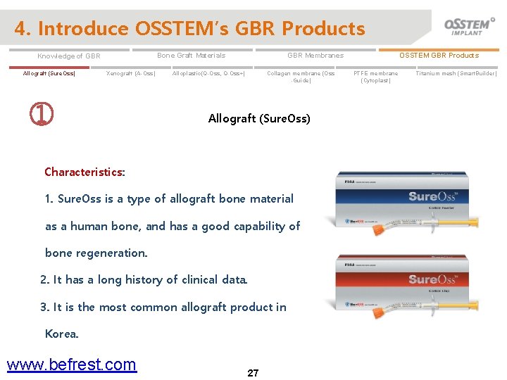 4. Introduce OSSTEM’s GBR Products Allograft (Sure. Oss) Xenograft (A-Oss) ① Alloplastic(Q-Oss, Q-Oss+) Collagen
