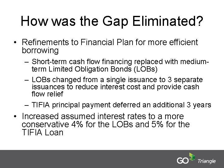 How was the Gap Eliminated? • Refinements to Financial Plan for more efficient borrowing