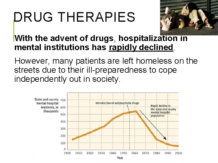 DRUG THERAPIES With the advent of drugs, hospitalization in mental institutions has rapidly declined.