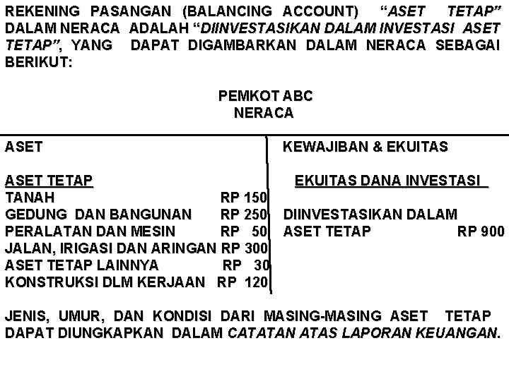 REKENING PASANGAN (BALANCING ACCOUNT) “ASET TETAP” DALAM NERACA ADALAH “DIINVESTASIKAN DALAM INVESTASI ASET TETAP”,