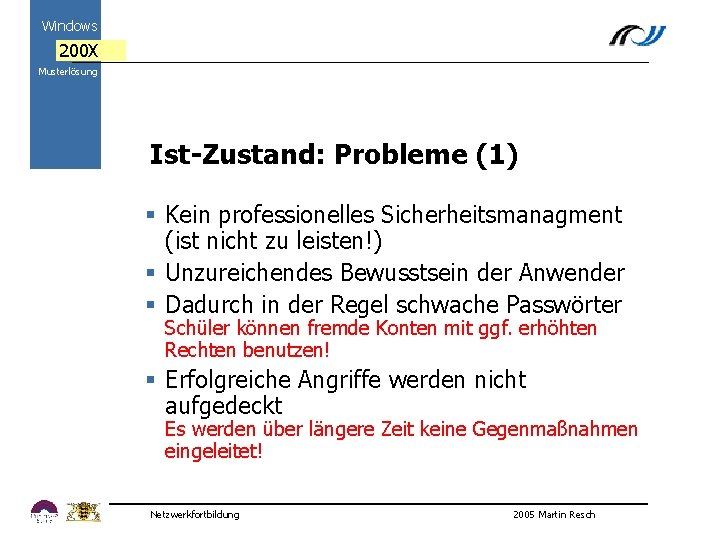 Windows 200 X Musterlösung Ist-Zustand: Probleme (1) § Kein professionelles Sicherheitsmanagment 2000 (ist nicht