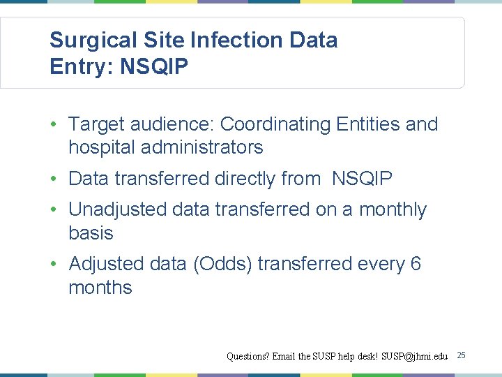 Surgical Site Infection Data Entry: NSQIP • Target audience: Coordinating Entities and hospital administrators