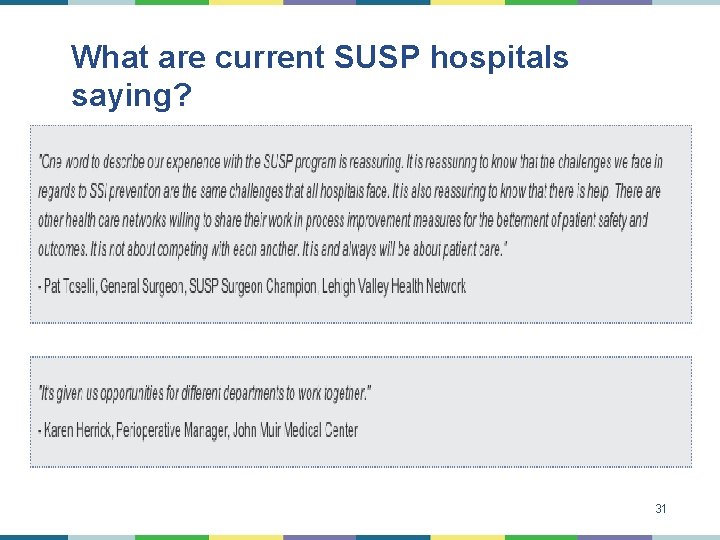 What are current SUSP hospitals saying? 31 