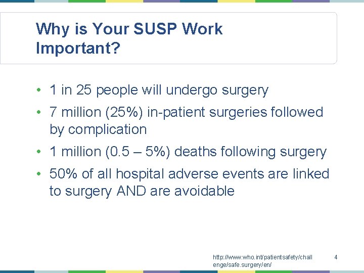 Why is Your SUSP Work Important? • 1 in 25 people will undergo surgery