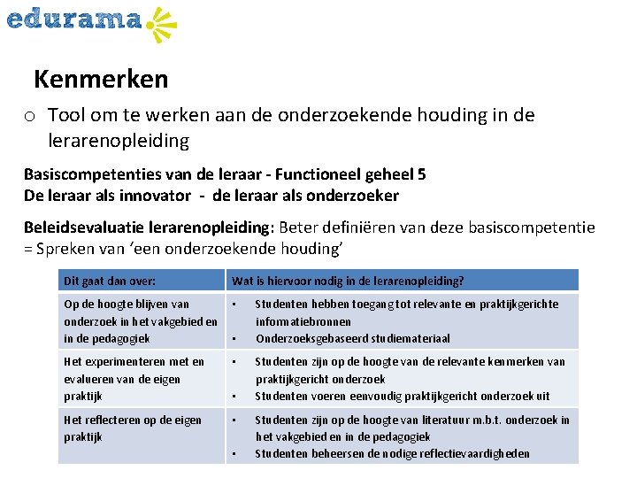 Kenmerken o Tool om te werken aan de onderzoekende houding in de lerarenopleiding Basiscompetenties