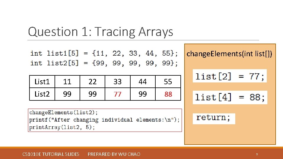 Question 1: Tracing Arrays change. Elements(int list[]) List 1 11 22 33 44 55