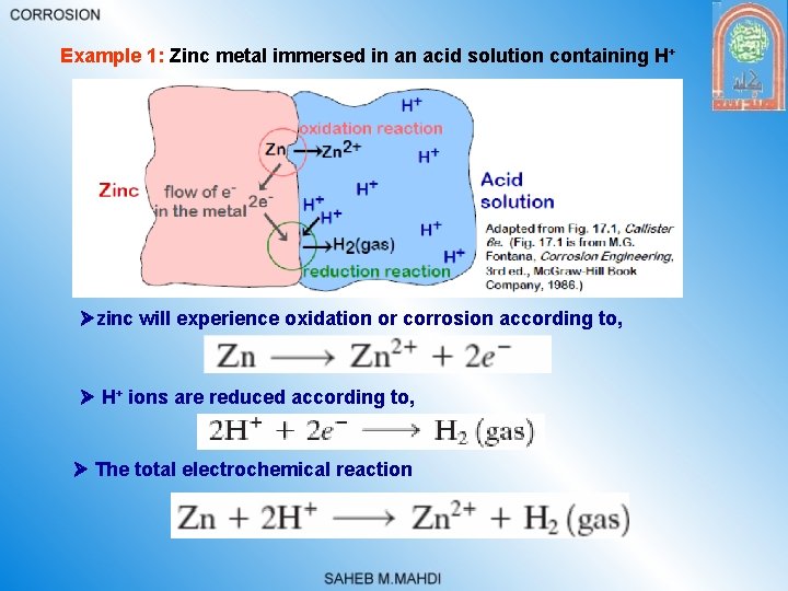 Example 1: Zinc metal immersed in an acid solution containing H+ zinc will experience