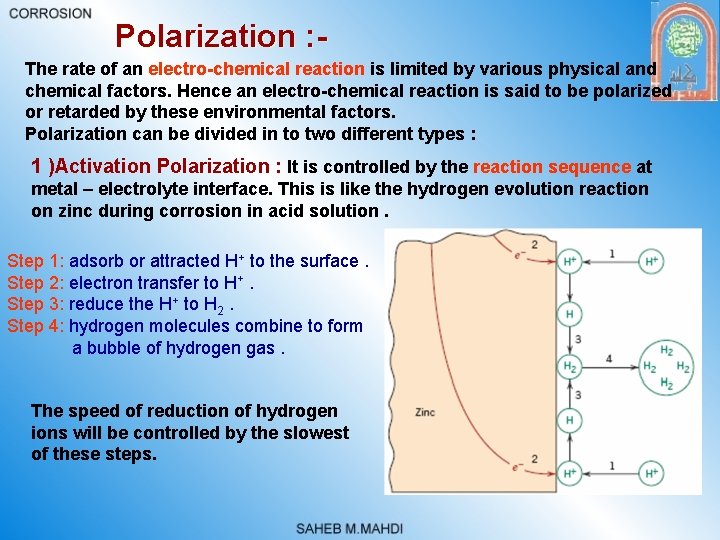 Polarization : The rate of an electro-chemical reaction is limited by various physical and