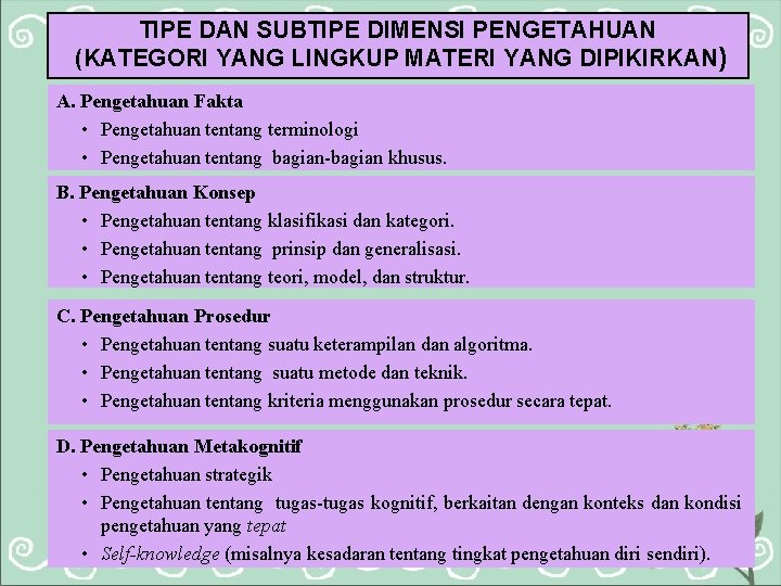 TIPE DAN SUBTIPE DIMENSI PENGETAHUAN (KATEGORI YANG LINGKUP MATERI YANG DIPIKIRKAN) A. Pengetahuan Fakta