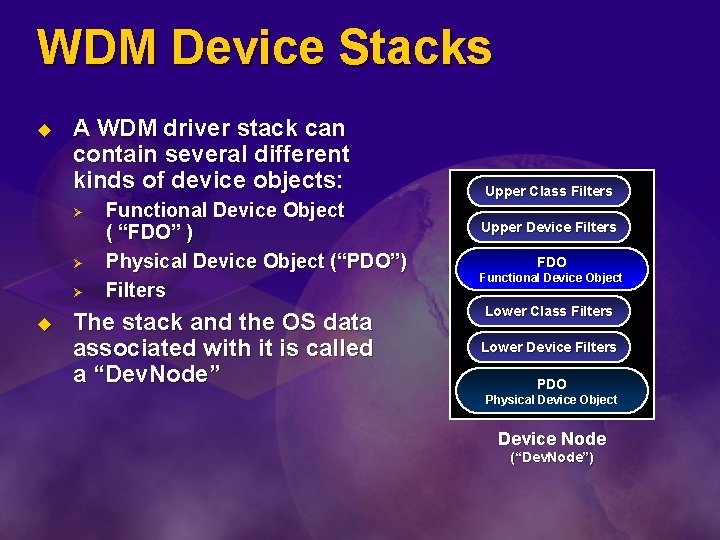 WDM Device Stacks u A WDM driver stack can contain several different kinds of
