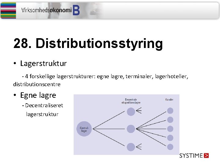 28. Distributionsstyring • Lagerstruktur - 4 forskellige lagerstrukturer: egne lagre, terminaler, lagerhoteller, distributionscentre •