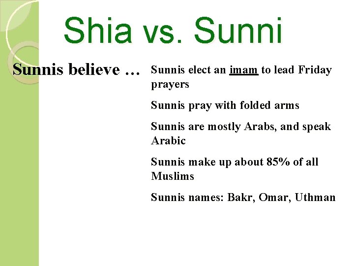 Shia vs. Sunnis believe … Sunnis elect an imam to lead Friday prayers Sunnis