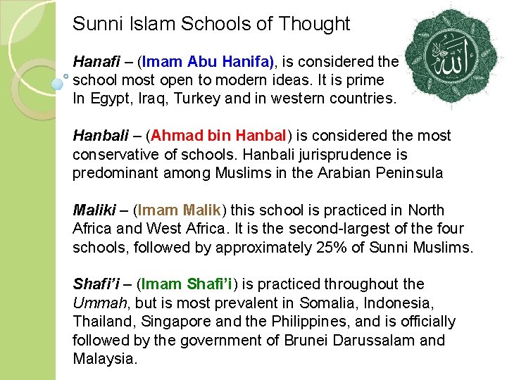Sunni Islam Schools of Thought Hanafi – (Imam Abu Hanifa), is considered the school