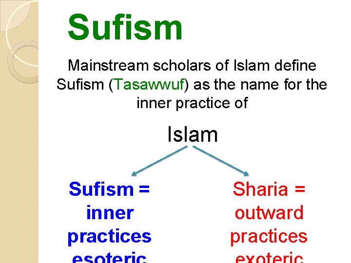 Sufism Mainstream scholars of Islam define Sufism (Tasawwuf) as the name for the inner