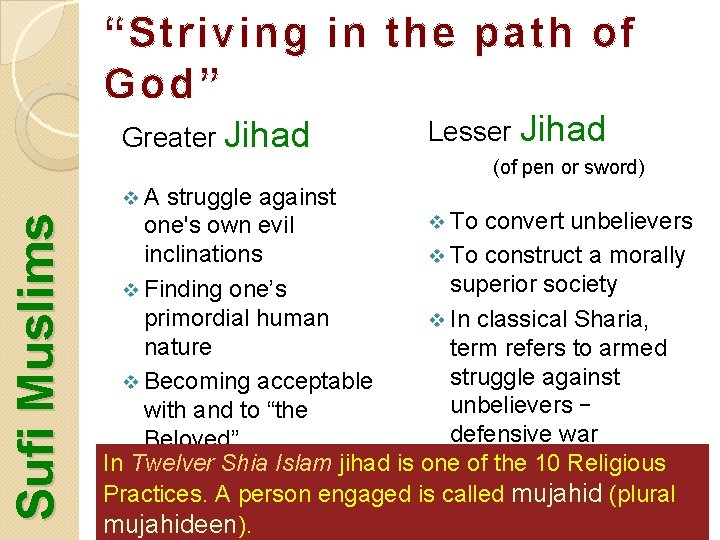 “Striving in the path of God” Greater Jihad Lesser Jihad (of pen or sword)