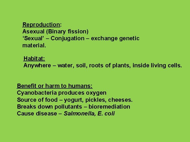 Reproduction: Asexual (Binary fission) ‘Sexual’ – Conjugation – exchange genetic material. Habitat: Anywhere –