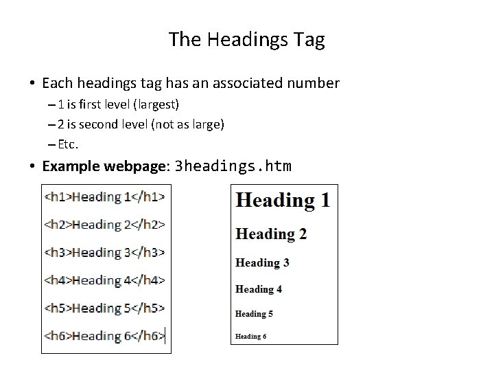 The Headings Tag • Each headings tag has an associated number – 1 is