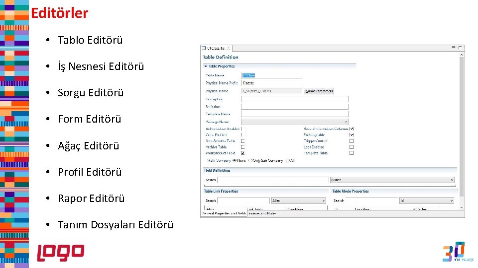 Editörler • Tablo Editörü • İş Nesnesi Editörü • Sorgu Editörü • Form Editörü