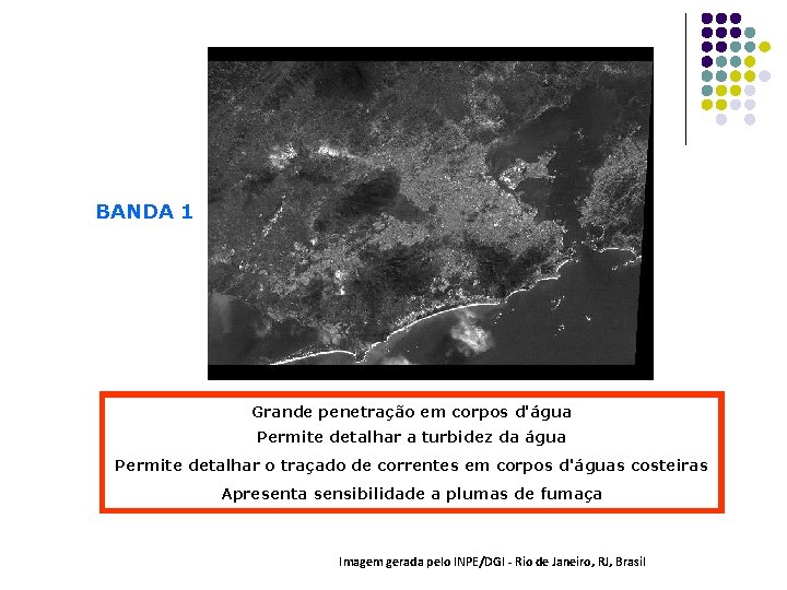 BANDA 1 Grande penetração em corpos d'água Permite detalhar a turbidez da água Permite