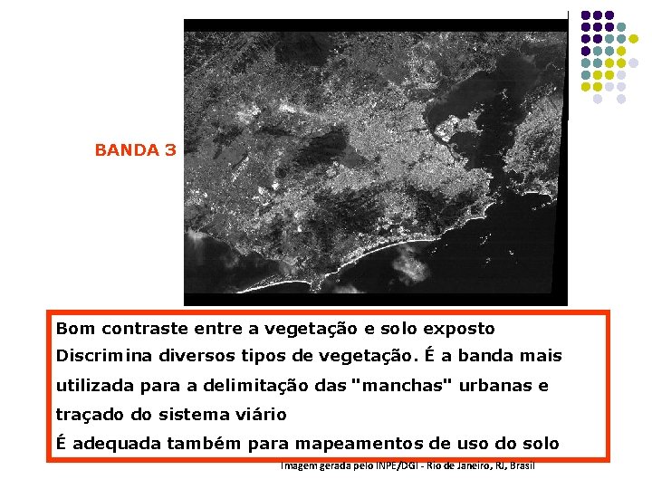 BANDA 3 Bom contraste entre a vegetação e solo exposto Discrimina diversos tipos de