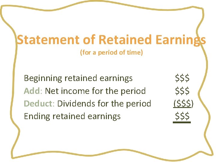 Statement of Retained Earnings (for a period of time) Beginning retained earnings Add: Net