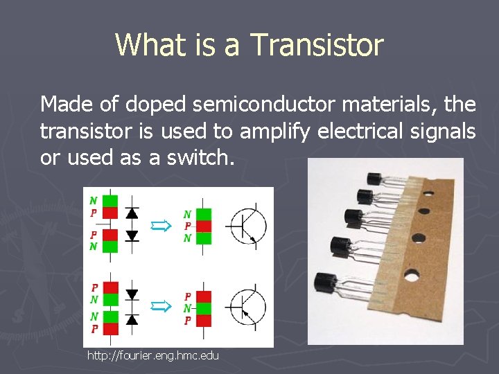 What is a Transistor Made of doped semiconductor materials, the transistor is used to