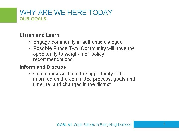 WHY ARE WE HERE TODAY OUR GOALS Listen and Learn • Engage community in