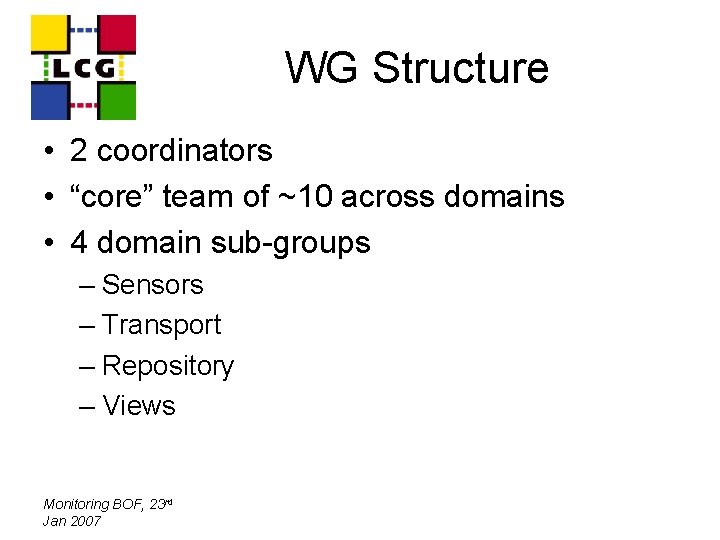 WG Structure • 2 coordinators • “core” team of ~10 across domains • 4