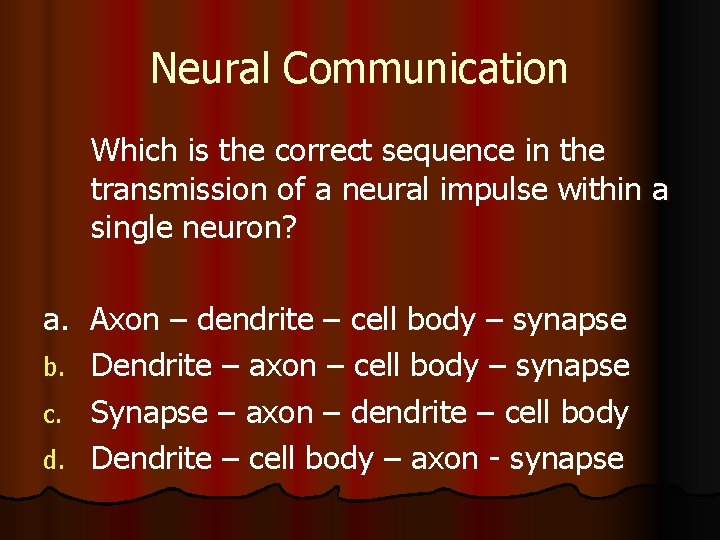 Neural Communication Which is the correct sequence in the transmission of a neural impulse