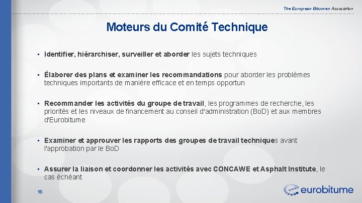 The European Bitumen Association Moteurs du Comité Technique • Identifier, hiérarchiser, surveiller et aborder