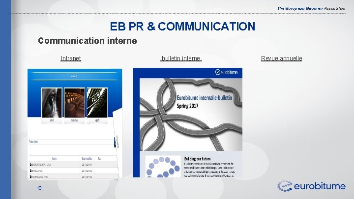 The European Bitumen Association EB PR & COMMUNICATION Communication interne Intranet 19 Ibulletin interne