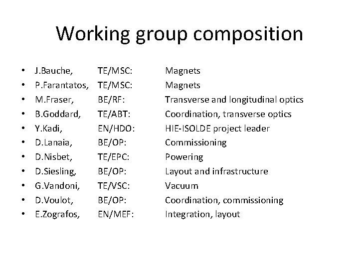 Working group composition • • • J. Bauche, P. Farantatos, M. Fraser, B. Goddard,