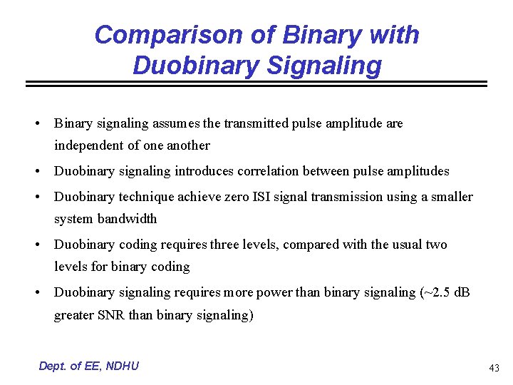 Comparison of Binary with Duobinary Signaling • Binary signaling assumes the transmitted pulse amplitude