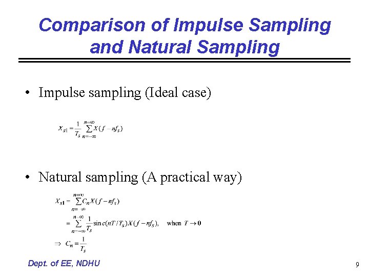 Comparison of Impulse Sampling and Natural Sampling • Impulse sampling (Ideal case) • Natural