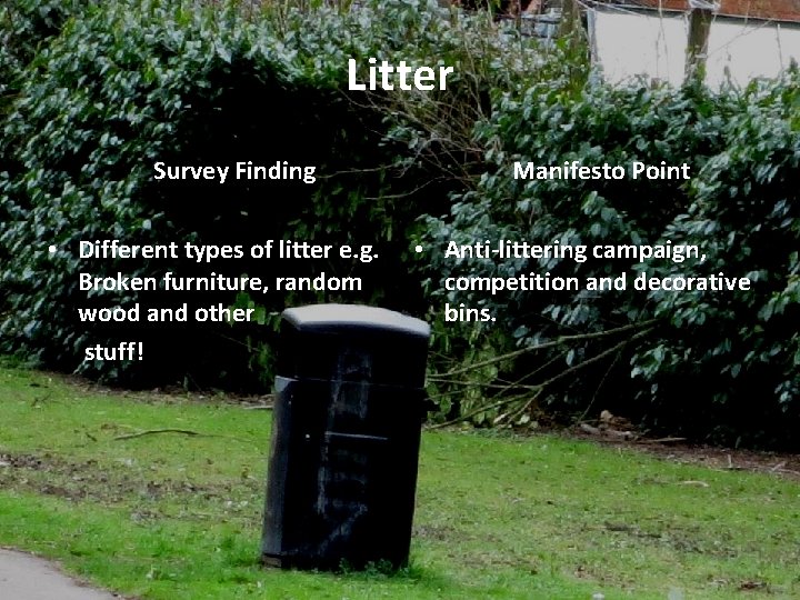 Litter Survey Finding • Different types of litter e. g. Broken furniture, random wood