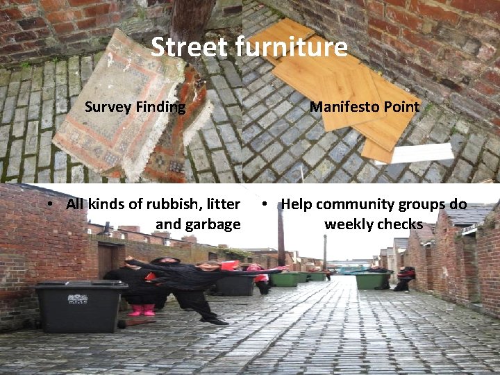 Street furniture Survey Finding • All kinds of rubbish, litter and garbage Manifesto Point