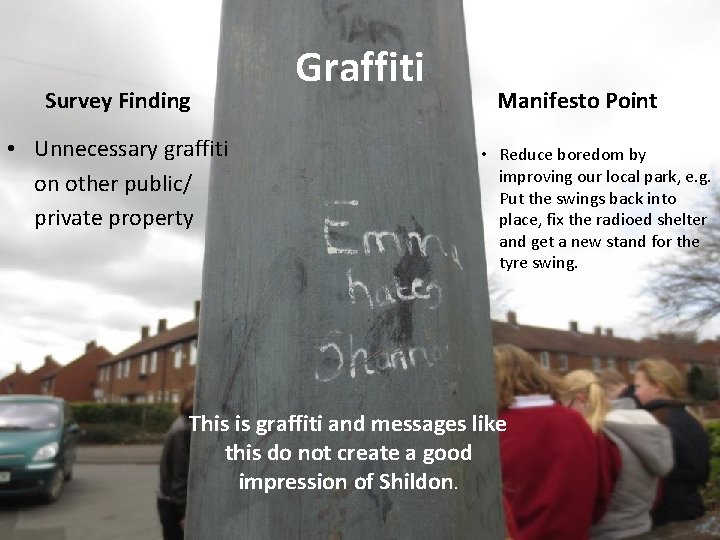 Survey Finding • Unnecessary graffiti on other public/ private property Graffiti Manifesto Point •