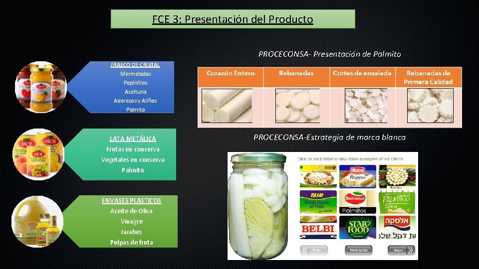 FCE 3: Presentación del Producto PROCECONSA- Presentación de Palmito FRASCO DE CRISTAL Mermeladas Pepinillos