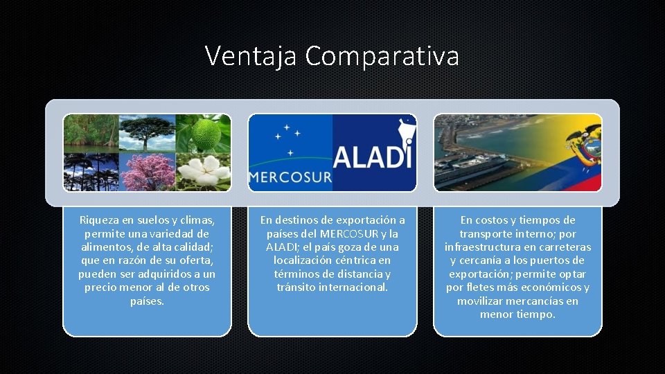 Ventaja Comparativa Riqueza en suelos y climas, permite una variedad de alimentos, de alta