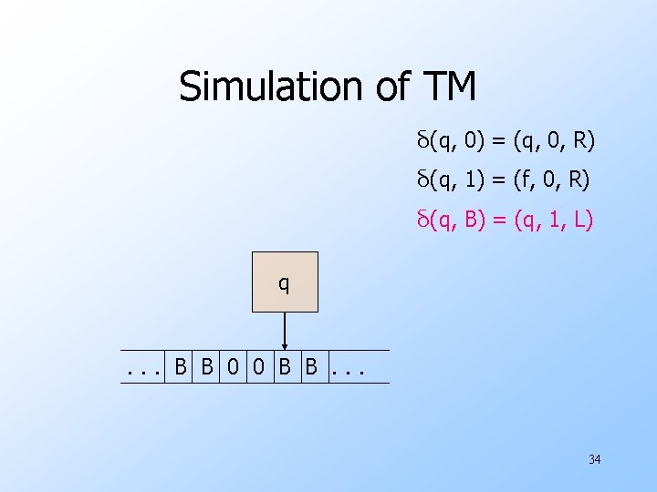 Simulation of TM δ(q, 0) = (q, 0, R) δ(q, 1) = (f, 0,