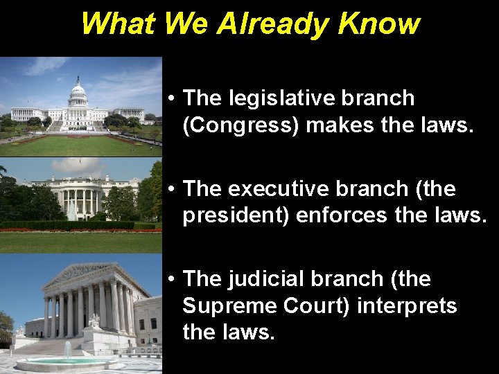 What We Already Know • The legislative branch (Congress) makes the laws. • The