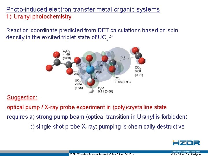 Photo-induced electron transfer metal organic systems 1) Uranyl photochemistry Reaction coordinate predicted from DFT