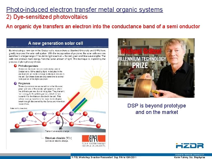 Photo-induced electron transfer metal organic systems 2) Dye-sensitized photovoltaics An organic dye transfers an
