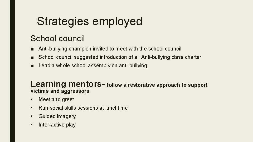 Strategies employed School council ■ Anti-bullying champion invited to meet with the school council