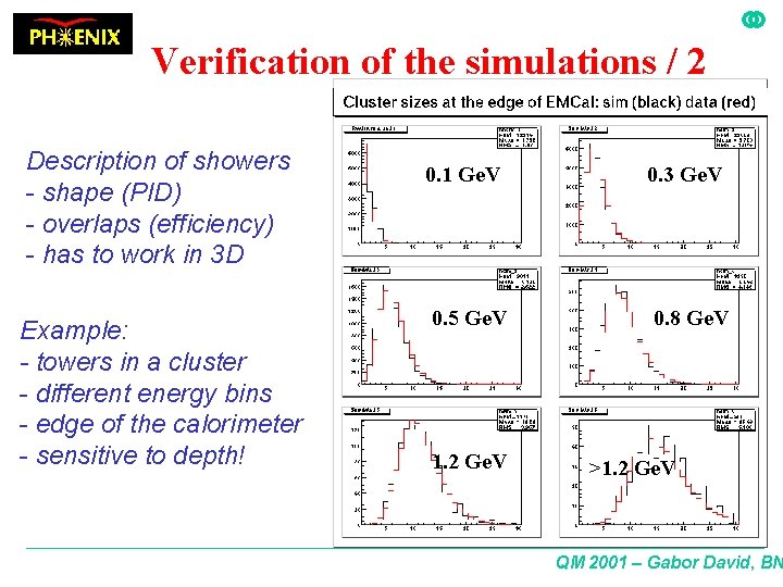 Verification of the simulations / 2 Description of showers - shape (PID) - overlaps