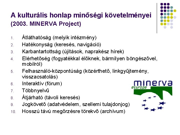 A kulturális honlap minőségi követelményei (2003. MINERVA Project) 1. 2. 3. 4. 5. 6.