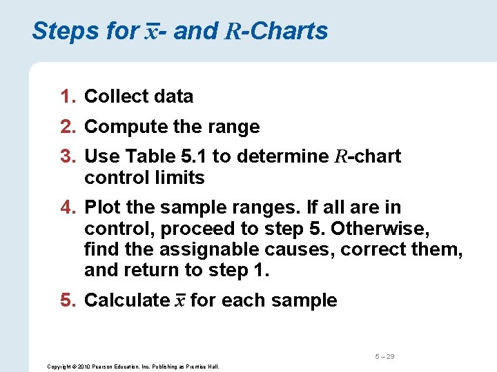 Steps for x- and R-Charts 1. Collect data 2. Compute the range 3. Use