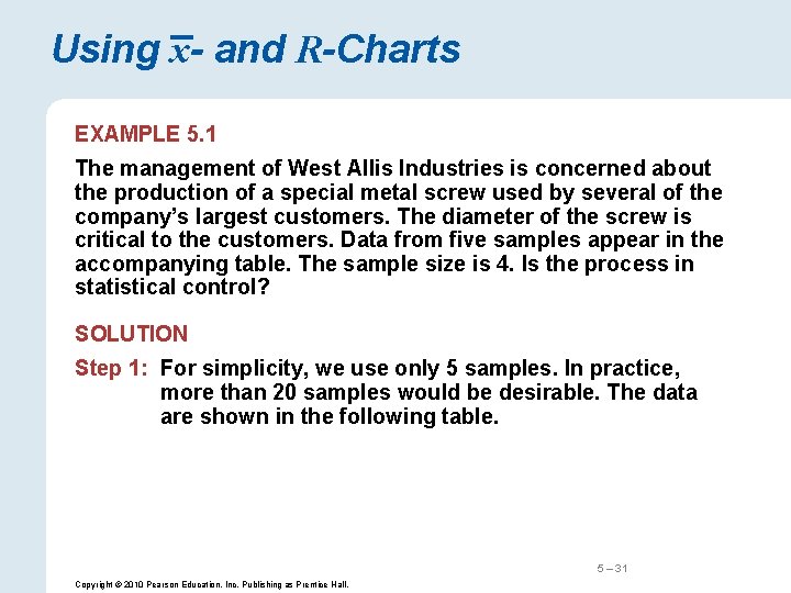 Using x- and R-Charts EXAMPLE 5. 1 The management of West Allis Industries is