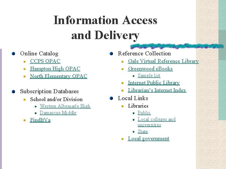 Information Access and Delivery Online Catalog CCPS OPAC Hampton High OPAC North Elementary OPAC