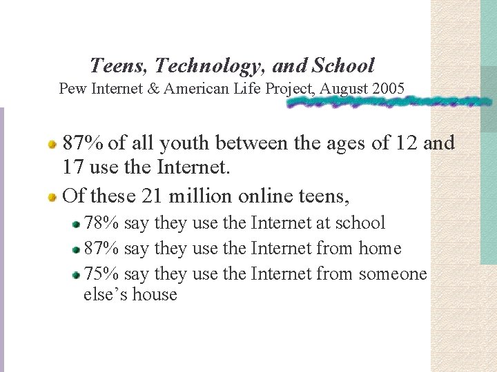 Teens, Technology, and School Pew Internet & American Life Project, August 2005 87% of